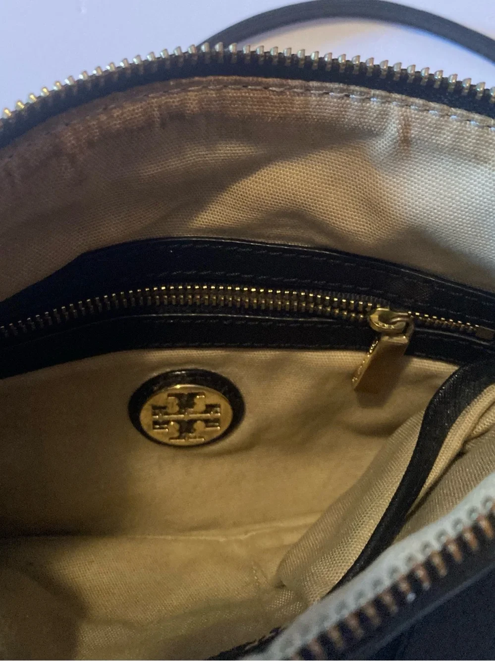 Tory Burch black Crossbody bag with leather trim,Gold hardware and Logo